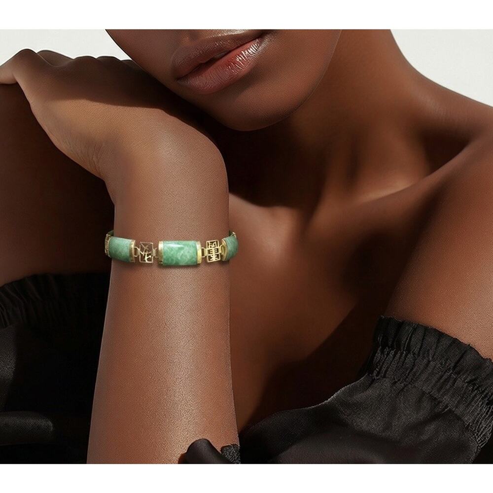 Vintage 14k Chinese Jade Panel Bracelet Signed HN 7” Collectible